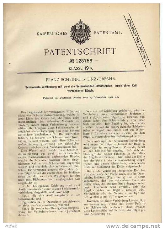 Original Patentschrift - F. Scheinig In Linz - Urfahr , 1900 , Verbindung Für Schiene , Eisenbahn !!! - Other & Unclassified