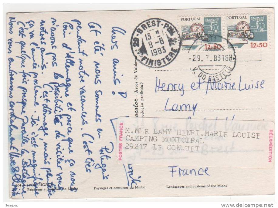 2 Timbres / Carte , Postcard Du  29/7/83 Pour La France Avec étiquette De Ré Expédition - Cartas & Documentos