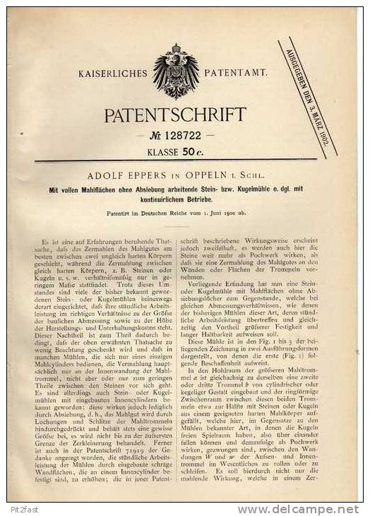 Original Patentschrift - A. Eppers In Oppeln , 1900, Stein- Und Kugelmühle , Mühle !!! - Tools