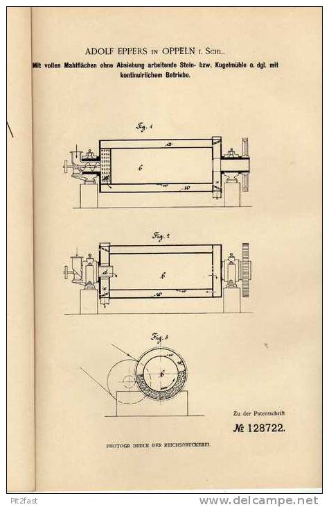 Original Patentschrift - A. Eppers In Oppeln , 1900, Stein- Und Kugelmühle , Mühle !!! - Tools