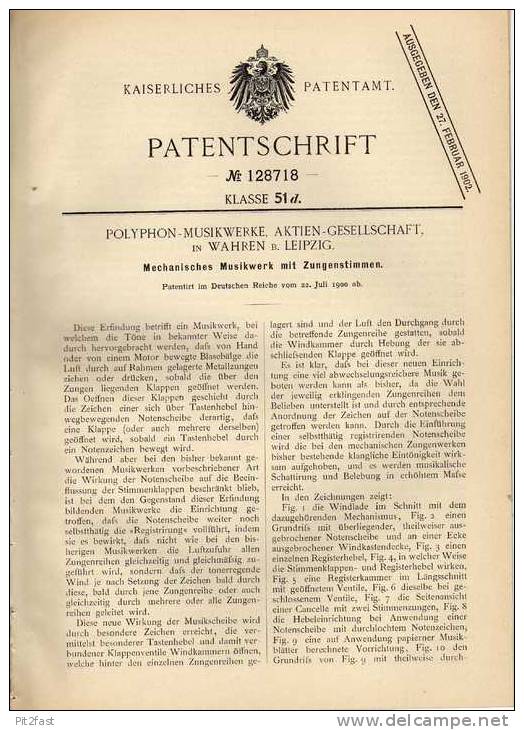 Original Patentschrift - Polyphon Musikwerke In Wahren , 1900 , Mechanisches Musikwerk , Jukebox  !!! - Sonstige & Ohne Zuordnung