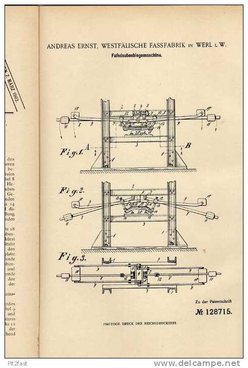 Original Patentschrift - Westfäl. Fassfabrik In Werl , 1901, Biegemaschine Für Faßdauben !!! - Machines