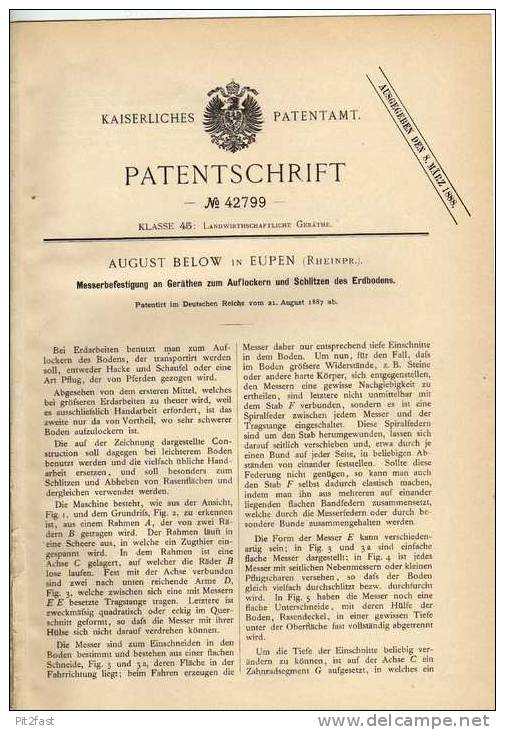 Original Patentschrift - A. Below In Eupen , 1887 , Gerät Zum Auflockern Von Erde , Pflug , Agrar , Landwirtschaft !!! - Máquinas