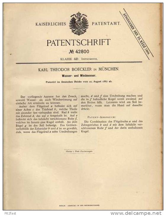 Original Patentschrift - K. Boeckler In München , 1887 , Wasser- Und Windmesser !!! - Technique Nautique & Instruments