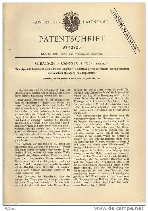 Original Patentschrift - G. Bausch In Cannstatt , 1887 , Steinsäge !!! - Maschinen