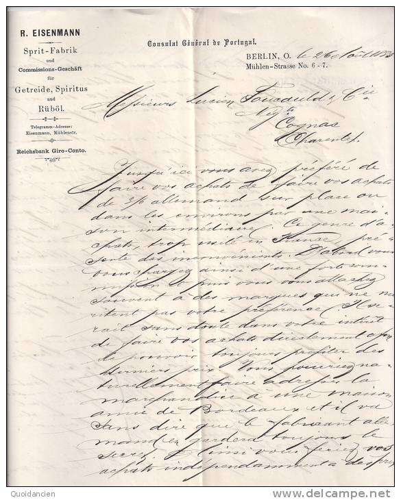 Lettre  3 Pages  26/10/1885  -  BERLIN  -  R.  EISENMANN   Consulat  Du  Portugal  -  COGNAC - Andere & Zonder Classificatie