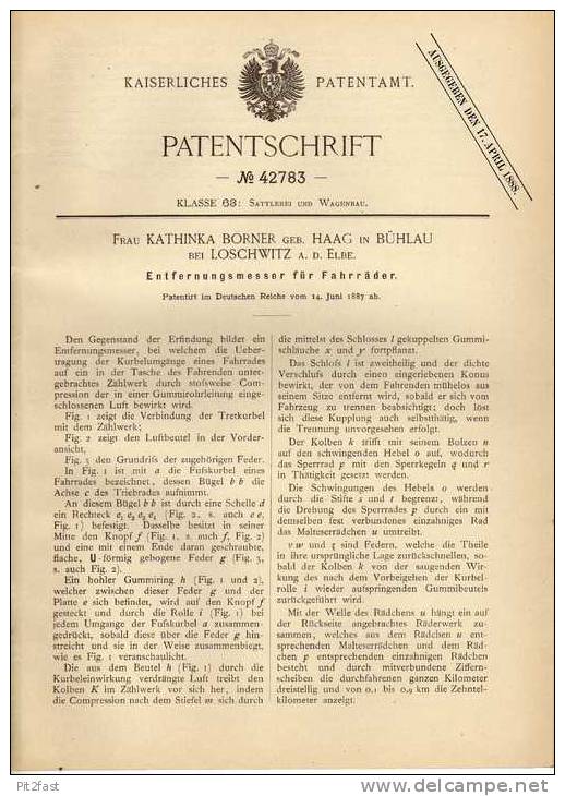 Original Patentschrift - K. Börner In Bühlau Bei Loschwitz , 1887 , Entfernungsmesser Für Fahrrad , Bicycle , Dresden !! - Sonstige & Ohne Zuordnung