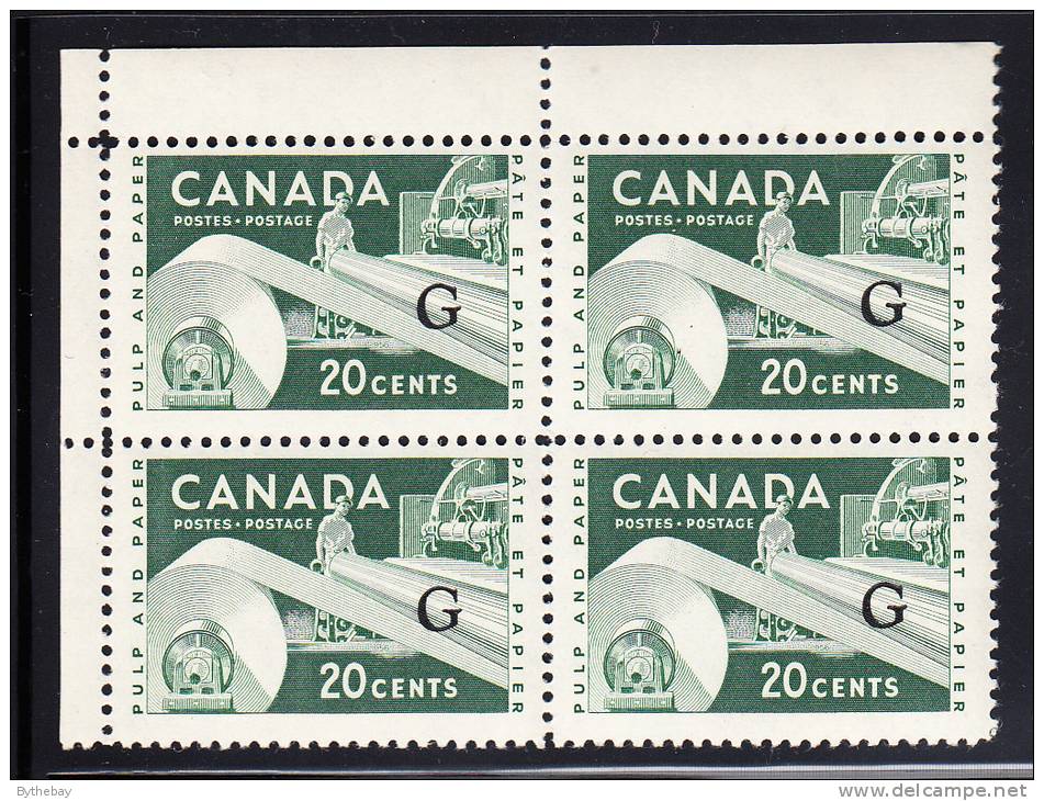Canada MNH Scott #O45a 20c Paper Industry With ´Flying G´ Overprint Upper Left Plate Block (blank) Spot On Selvedge - Aufdrucksausgaben
