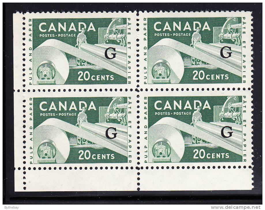 Canada MNH Scott #O45a 20c Paper Industry With ´Flying G´ Overprint Lower Left Plate Block (blank) - Overprinted