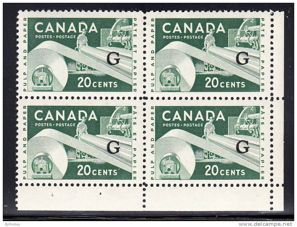 Canada MNH Scott #O45a 20c Paper Industry With ´Flying G´ Overprint Lower Right Plate Block (blank) Staple Hole Selvedge - Aufdrucksausgaben