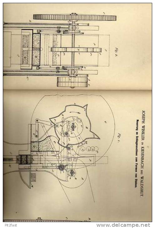 Original Patentschrift - J. Winkler In Kiesenbach B. Waldshut , 1887 , Schlagmaschine Zum Formen V. Steinen !!! - Maschinen