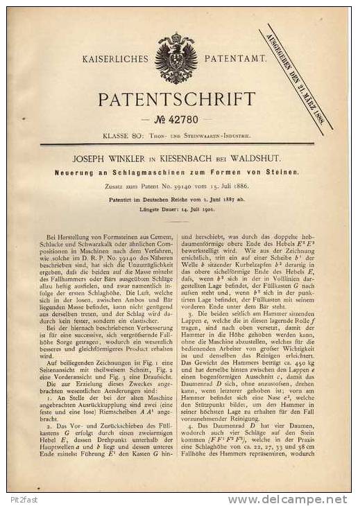 Original Patentschrift - J. Winkler In Kiesenbach B. Waldshut , 1887 , Schlagmaschine Zum Formen V. Steinen !!! - Maschinen