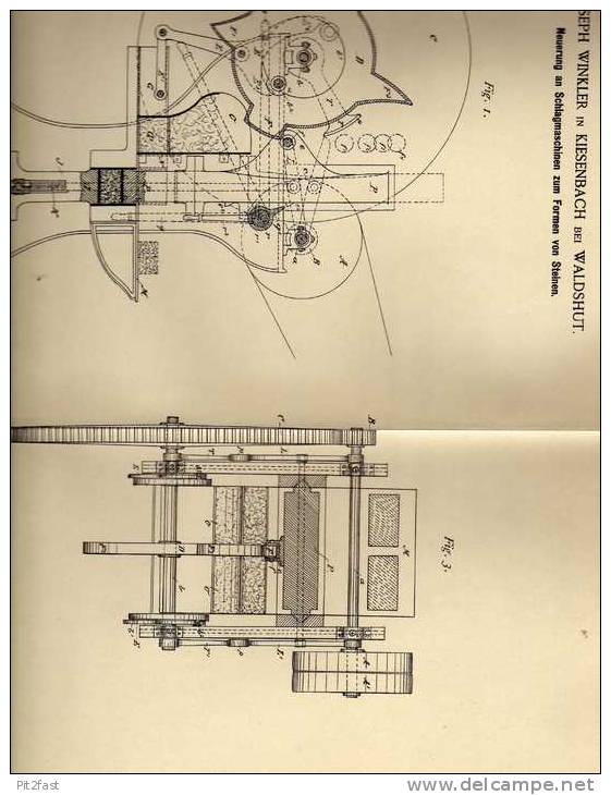 Original Patentschrift - J. Winkler In Kiesenbach B. Waldshut , 1887 , Schlagmaschine Zum Formen V. Steinen !!! - Maschinen