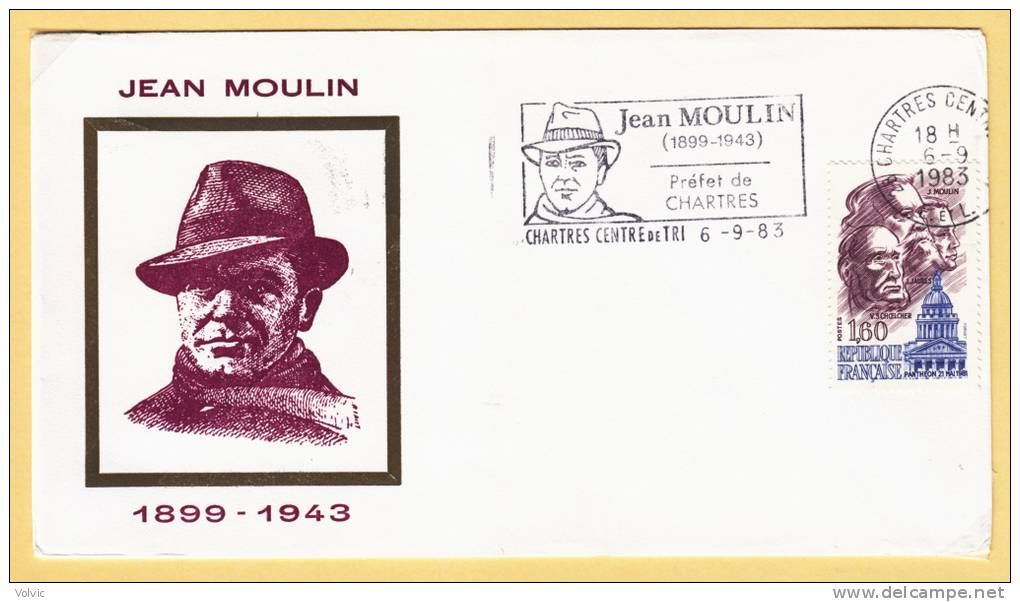 - Enveloppe Timbre 1,60F - Hommage Jean Moulin- 6 Septembre 1983 - CHARTRES - - Blocs Souvenir