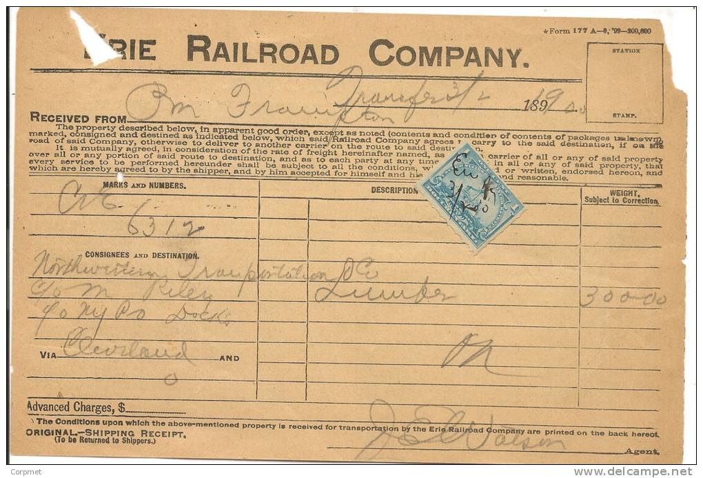 US - REVENUE DOCUMENTARY SHIP STAMPS From 1899 On VF DOCUMENT From ERIE  RAILROAD COMPANY - Steuermarken