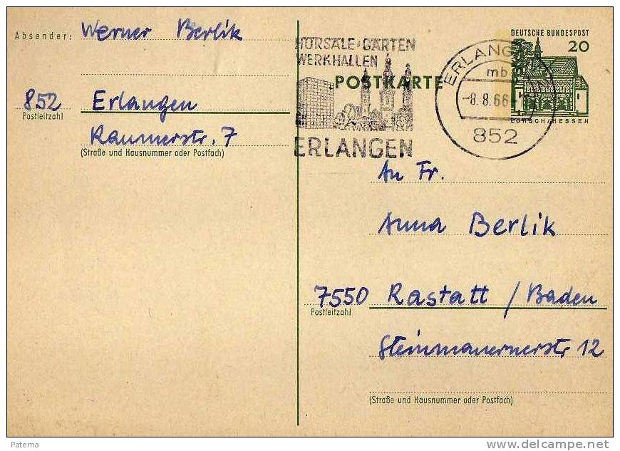 Entero Postal, Alemania,  Erlangen 1966 , Entier Postal - Postkaarten - Gebruikt