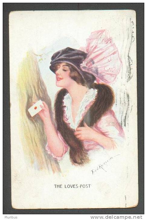 THE LOVES POST , ART DECO  ART NOUVEAU  , LADY  IN PINK , SIGNED FRED  KASKELINE ,  OLD POSTCARD - Kaskeline