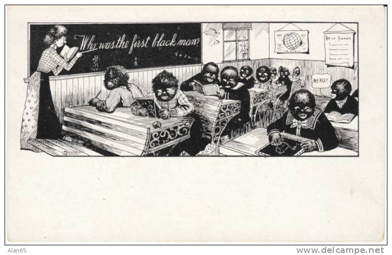 Black Children In School Room, First Black Man Nero Joke On C1900s Vintage Postcard - Black Americana