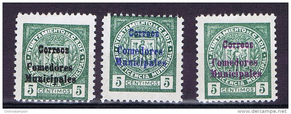 Spain: Cadiz Comodores Municipales, Set Of 3 Different Stamps Mh/neuf* - Nationalistische Uitgaves