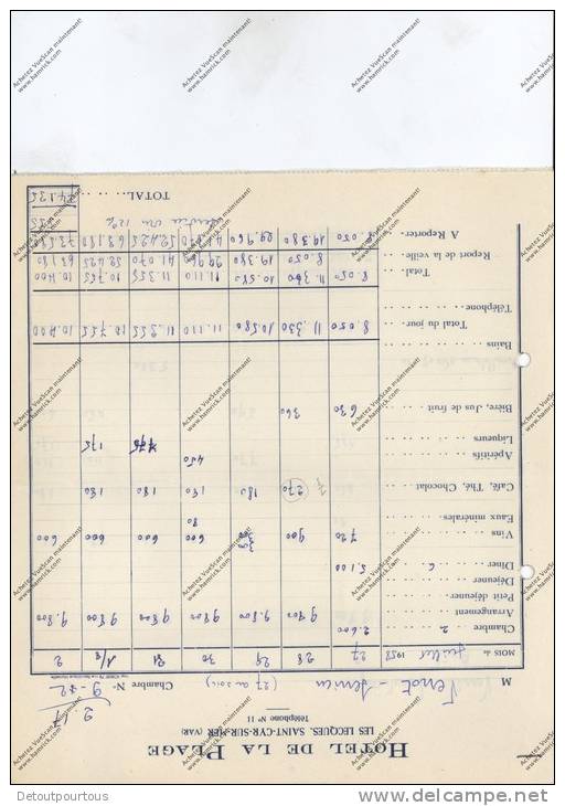 Facture à En-tête HOTEL DE LA PLAGE LES LECQUES SAINT ST CYR SUR MER Var - 1950 - ...