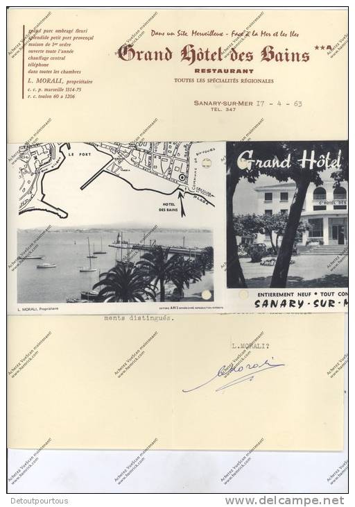 Courrier à En-tête GRAND HOTEL DES BAINS SANARY SUR MER Var L MORALI Propriétaire + Dépliant Publicitaire - 1950 - ...