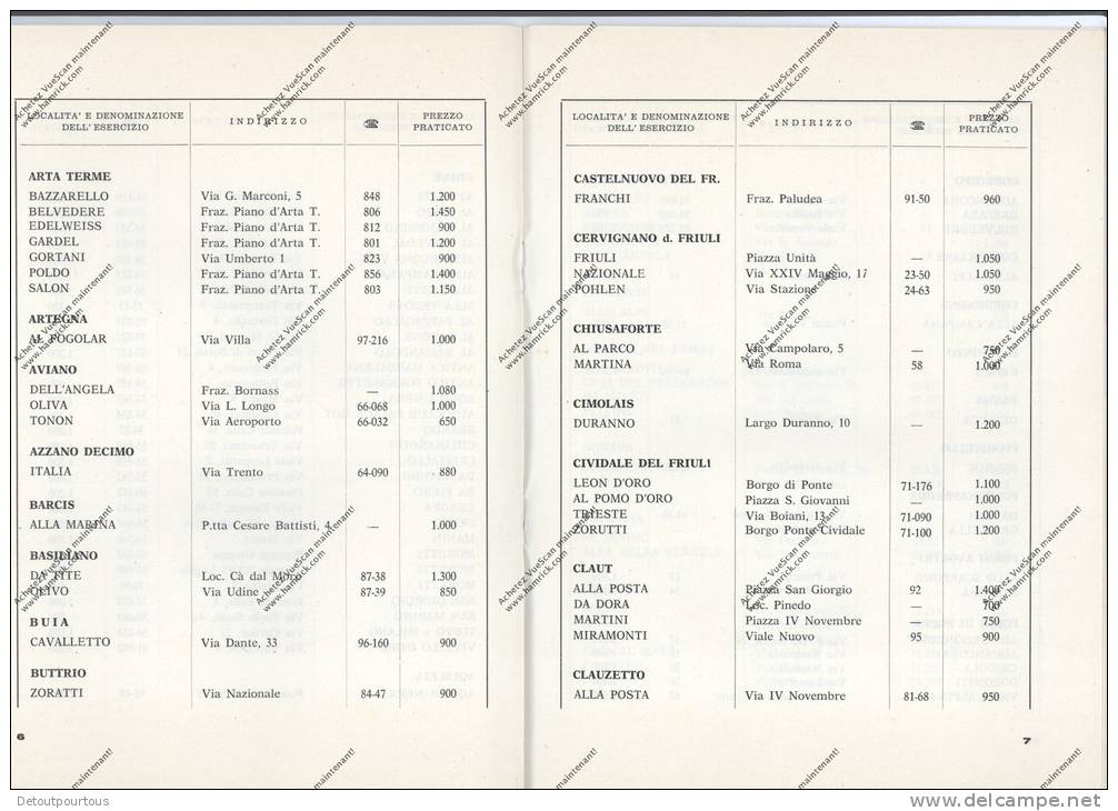 MENU TURISTICO GASTRONOMICO A PREZZO FISSO 1966 ALBERGHI DI UDINE Elenco Dei Ristoranti E Trattorie Della Provincia - Italie