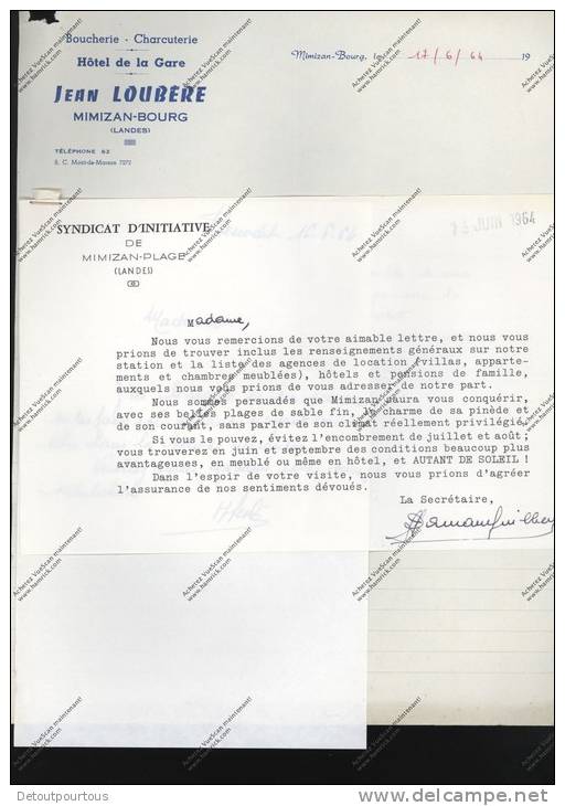 Courrier En-tête HOTEL DE LA GARE Boucherie Jean Loubere à MIMIZAN BOURG + 3 Documents  Du Syndicat D'initiative - 1950 - ...