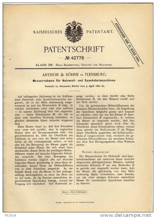 Original Patentschrift - Anthon & Söhne In Flensburg , 1887 , Holzwoll- Und Spannhobelmaschine !!! - Maschinen