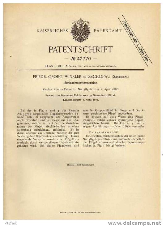 Original Patentschrift - F.Winkler In Zschopau , 1886 , Schleudersichtemaschine !!! - Other Plans