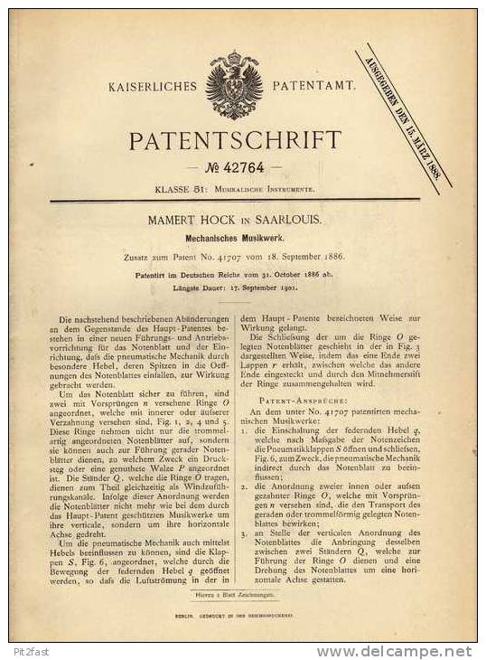 Original Patentschrift - M. Hock In Saarlouis , 1886 , Mechanisches Musikwerk , Jukebox , Musik !!! - Maschinen