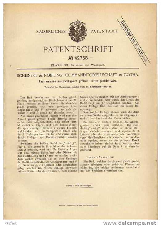 Original Patentschrift - Scheinert & Nobiling In Gotha , 1887 , Rad Aus Zwei Platten !!! - Tractors