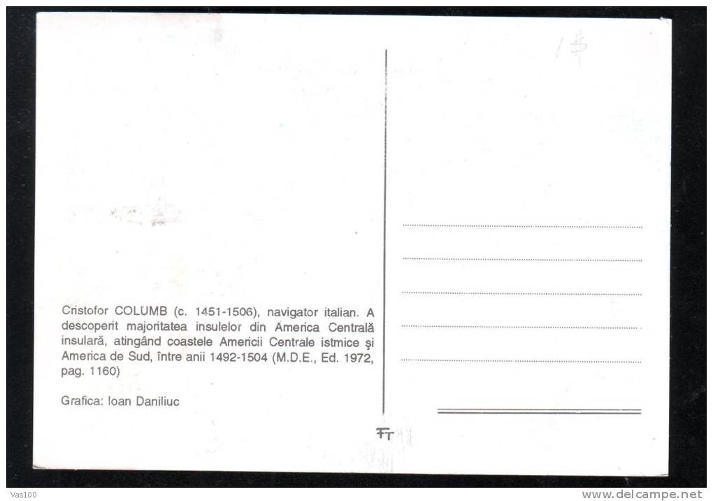 CRISTOPHER COLUMB, 1993, CM. MAXI CARD, CARTES MAXIMUM, ROMANIA - Christoph Kolumbus