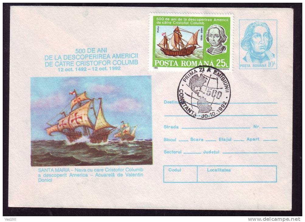 CRISTOPHER COLUMB, 1992, COVER FDC, ROMANIA - Christophe Colomb