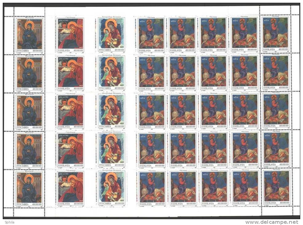 Jugoslawien – Yugoslavia 1993 Art – Icons In Full Sheets Of 25 MNH, 2 X; Michel # 2637-40 - Neufs