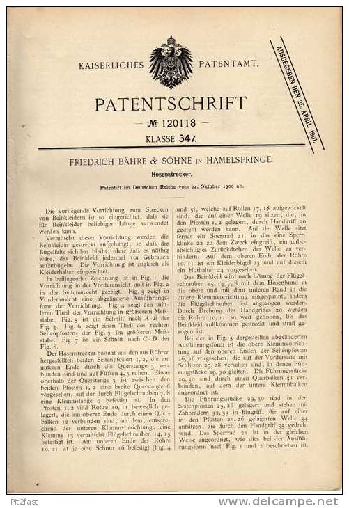 Original Patentschrift - F. Bähre In Hamelspringe , 1900 , Hosenstrecker , Kleidung , Hose !!! - Literature