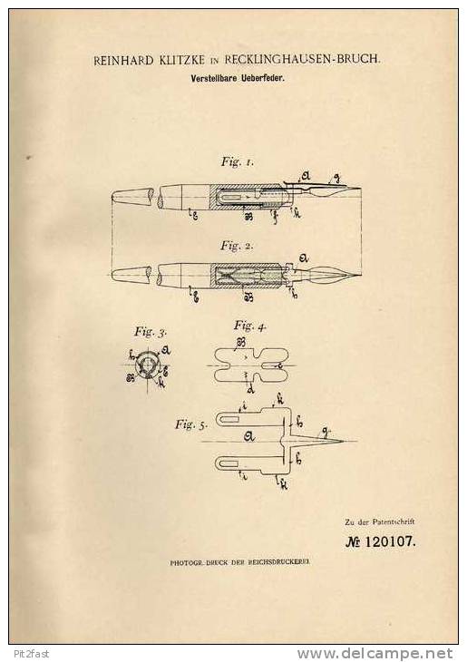 Original Patentschrift - R. Klitzke In Recklinghausen - Bruch , 1900 , Federhalter , Feder  !!! - Federn