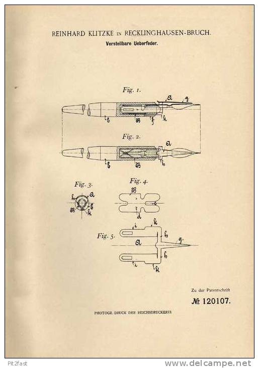 Original Patentschrift - R. Klitzke In Recklinghausen - Bruch , 1900 , Federhalter , Feder  !!! - Plumas