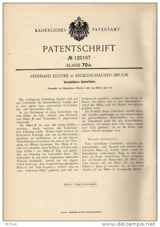 Original Patentschrift - R. Klitzke In Recklinghausen - Bruch , 1900 , Federhalter , Feder  !!! - Plumas