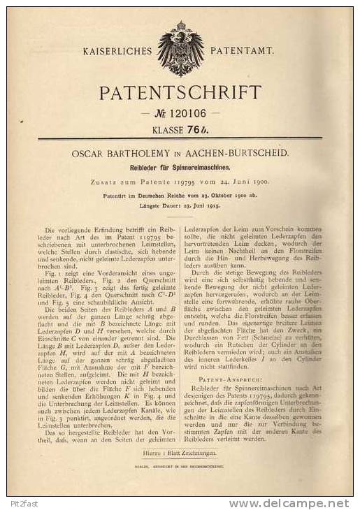 Original Patentschrift - O. Bartholemy In Aachen - Burtscheid , 1900 , Spinnereimaschine , Reibleder , Spinnerei !!! - Machines