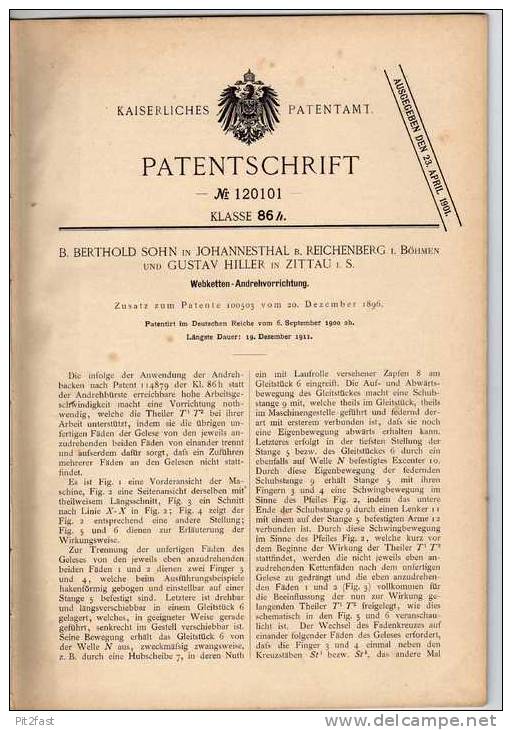 Original Patentschrift - G. Hiller In Johannesthal Und Zittau , 1900 , Webstuhl , Webketten , Weberei !!! - Tools