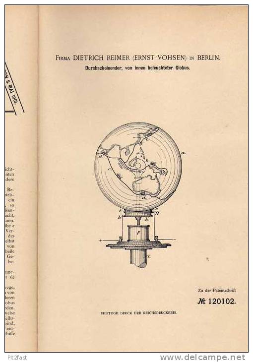 Original Patentschrift - Beleuchteter Globus , 1900 , Fa. Reimer In Berlin , Erdkugel , Geographie !!! - Maritime Dekoration