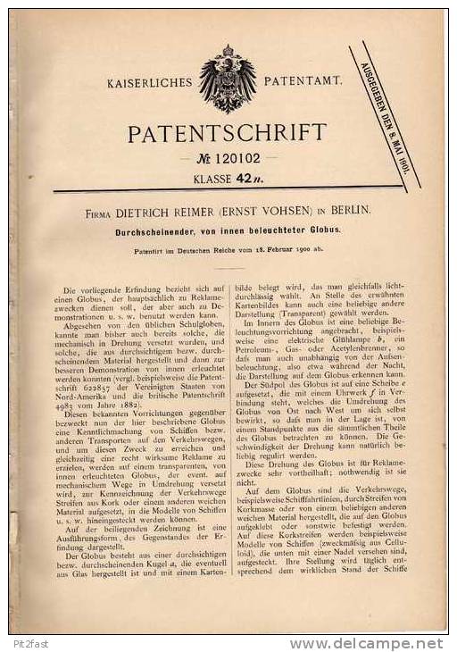 Original Patentschrift - Beleuchteter Globus , 1900 , Fa. Reimer In Berlin , Erdkugel , Geographie !!! - Maritime Dekoration