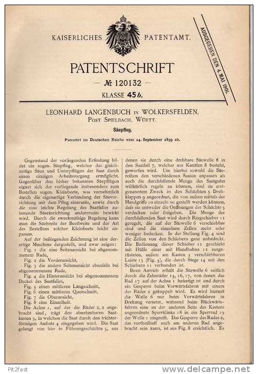 Original Patentschrift - L. Langenbuch In Wolkersfelden ,Post Spielbach ,1899, Saepflug, Agrar , Pflug , Landwirtschaft - Machines