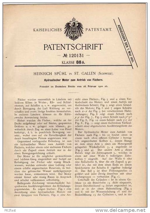 Original Patentschrift - H. Spühl In St. Gallen , 1900 , Hydr. Motor Für Fächer !!! - Máquinas