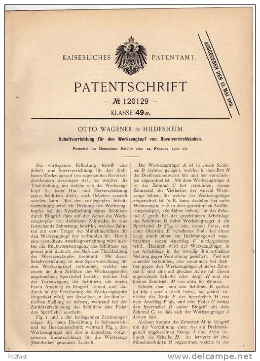Original Patentschrift - Drehbank Für Revolver , Pistole , 1900, O. Wagener In Hildesheim !!! - Maschinen