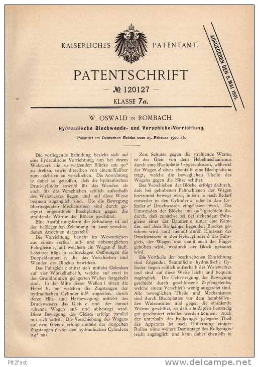 Original Patentschrift - W. Oswald In Rombach / Rombas , 1900 , Walzwerk - Vorrichtung , Moselle !!! - Maschinen