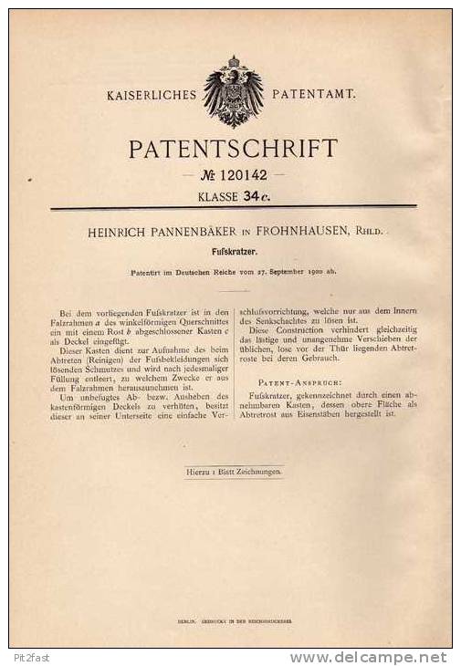 Original Patentschrift - H. Pannenbäker In Frohnhausen , 1900 , Fußkratzer , Abtreter , Hauseingang !!! - Arquitectura