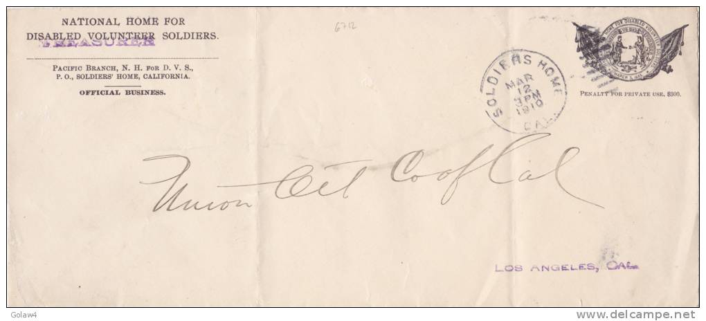 6712# ETATS UNIS ENTIER POSTAL NATIONAL HOME FOR DISABLED VOLUNTEER SOLDIERS MARCH 3 1865 SOLDIERS HOME CAL. STATIONERY - 1901-20