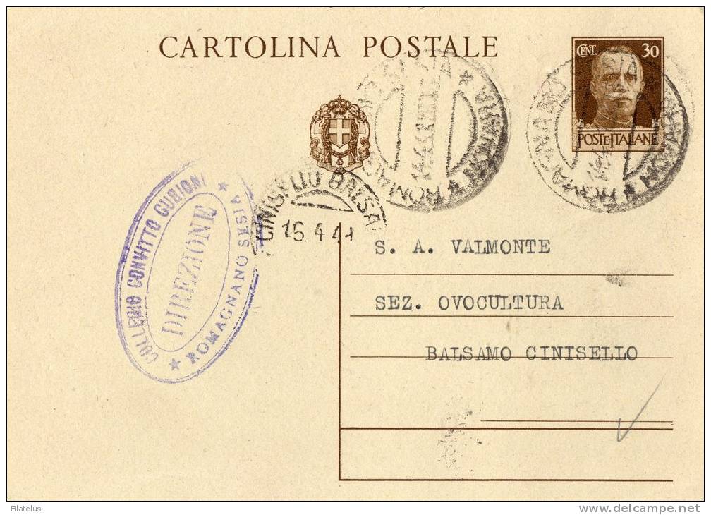 CARTOLINA POSTALE  PUBBLICITARIA-COLLEGIO CONVITTO CURIONI-ROMAGNANO SESIA-NOVARA-14-4-1941-CENT. 30 REGNO - Storia Postale