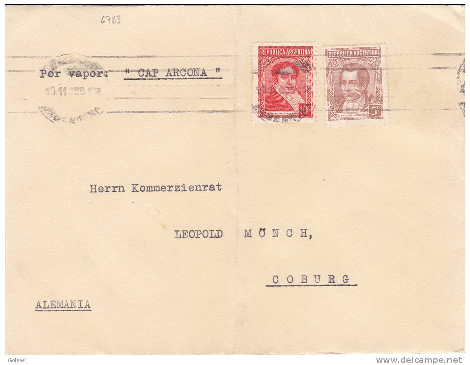 6723# ARGENTINE LETTRE Por Vapor CAP ARCONA PAR VAPEUR Obl BUENOS AIRES 1955 Pour COBURG ALEMANIA DEUTSCHLAND ALLEMAGNE - Sonstige & Ohne Zuordnung